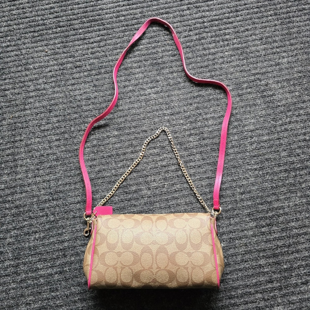 Coach Mini Ruby Chain Shoulder Pink Trim Brown Signature Leather Canvas Turnlock - Picture 8 of 12